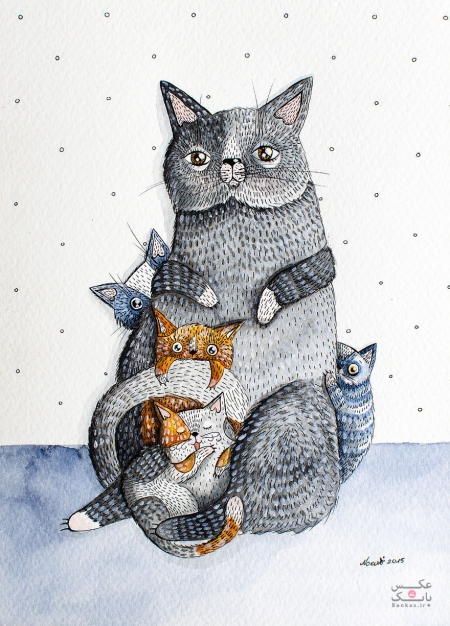 نقاشی گربه های ملوس با آبرنگ و جوهر
